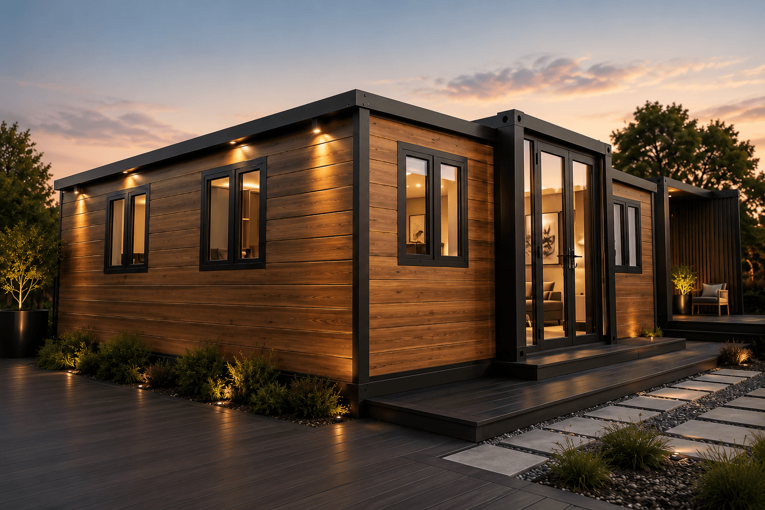 Modern expandable home at dusk with warm interior lighting